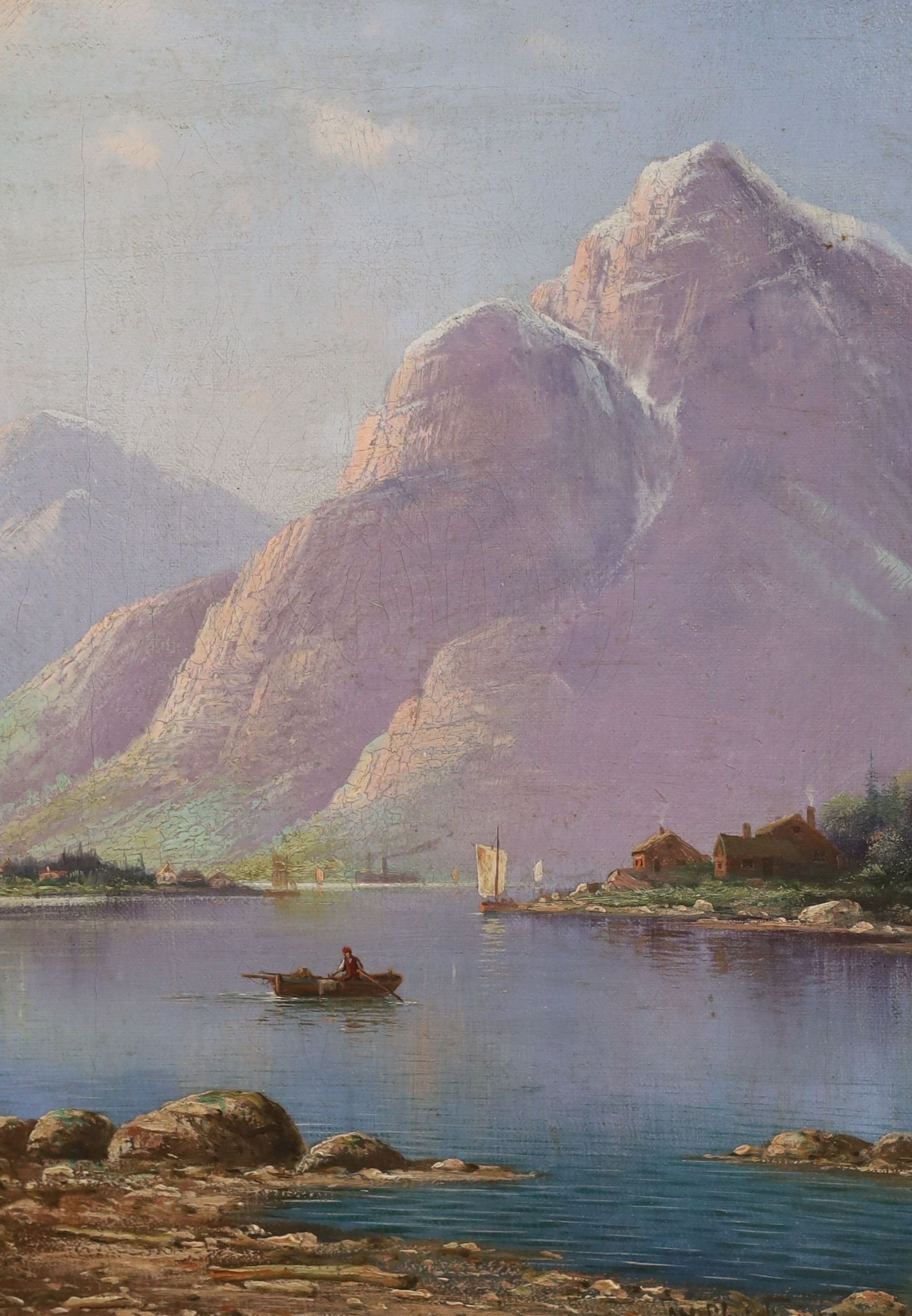 Niels Hans Christiansen (1850-1922), oil on canvas, Rowing boat on a fjord, signed, 35 x 24cm